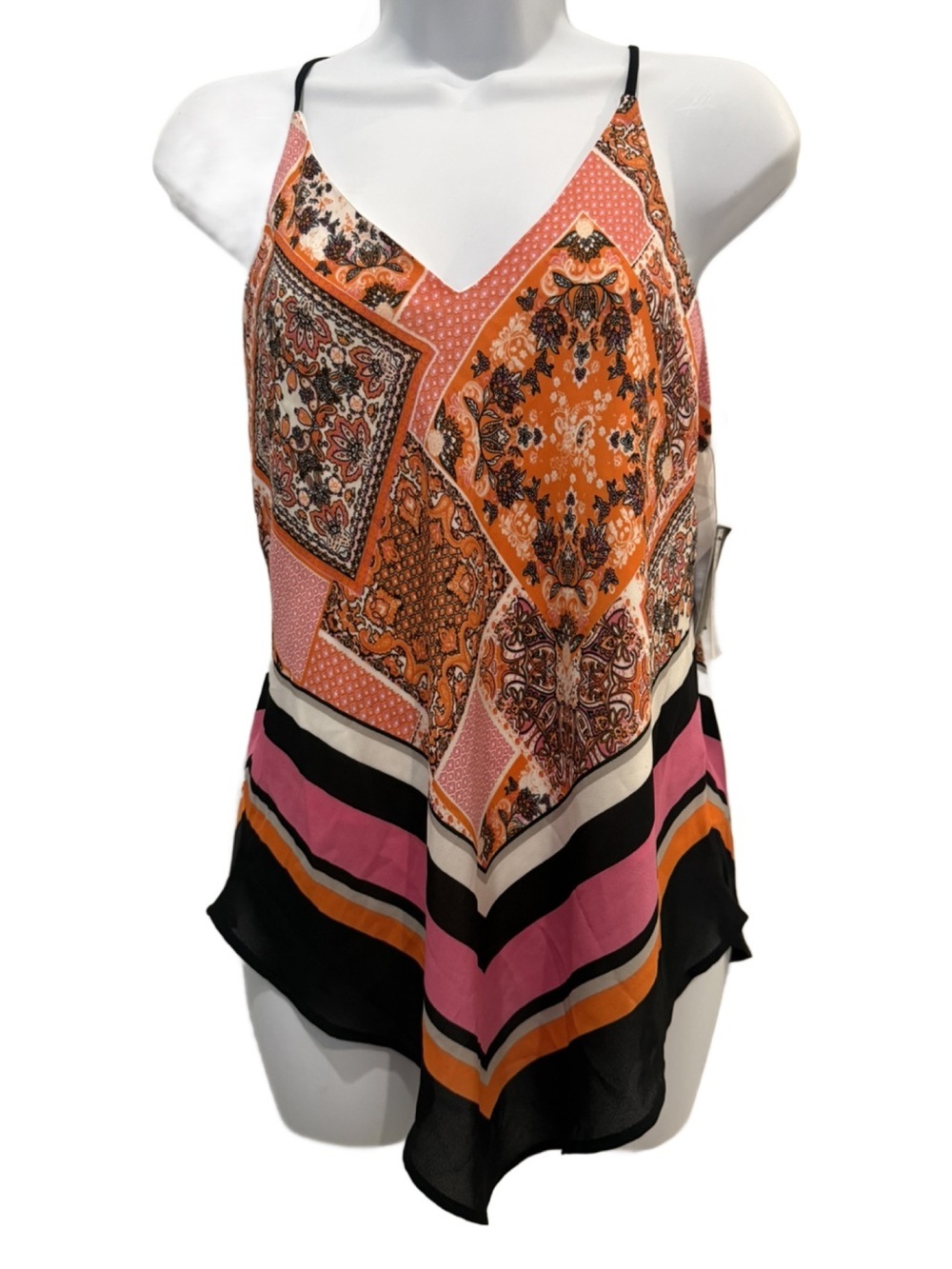 NWT Scarf Print Tank Top by IN San Francisco, Orange,Pink & Black. Medium